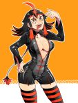  1girl bodysuit breasts cleavage humanization incineroar long_hair multicolored_hair open_clothes open_mouth pokemon pokemon_(game) pokemon_sm simple_background skin_tight smile solo sudeni_sokurou thigh-highs torracat yellow_eyes 