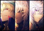  3boys arabian_clothes blonde_hair braid choker close-up collar dark_skin dark_skinned_male earrings face fate/grand_order fate_(series) gilgamesh gilgamesh_(caster)_(fate) jewelry looking_at_viewer merlin_(fate/stay_night) multiple_boys one_eye_covered red_eyes solomon_(fate/grand_order) tattoo violet_eyes white_hair yellow_eyes yuririensu 