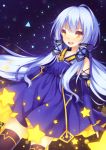  1girl :d absurdres akabane black_legwear blue_dress detached_sleeves dress hair_tubes highres long_hair looking_at_viewer night night_sky open_mouth sky smile solo star_(sky) starry_sky thigh-highs vocaloid white_hair xingchen yellow_eyes zettai_ryouiki 