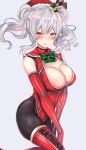  1girl bell blush bow bowtie breasts cleavage cleavage_cutout elbow_gloves gloves grey_eyes hair_bell hair_ornament hat kantai_collection kashima_(kantai_collection) large_breasts long_hair looking_at_viewer santa_hat silver_hair simple_background smile solo thigh-highs twintails untsue v_arms wavy_hair 