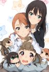  3girls blush brown_eyes brown_hair green_eyes hitotsuki_nanoka houjou_karen hug idolmaster idolmaster_cinderella_girls kamiya_nao long_hair multiple_girls open_mouth puchimasu! red_eyes school_uniform shibuya_rin smile star triad_primus 