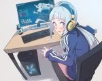  1girl armchair bangs blue_eyes blunt_bangs blush casual chair closers desktop embarrassed flying_sweatdrops from_behind hair_ribbon headphones jacket keyboard long_hair looking_back low_ponytail monitor ribbon short_shorts shorts silver_hair solo supernew sweatdrop track_jacket violet_(closers) 