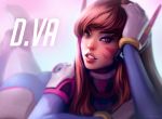  1girl artist_name ass blurry bodysuit brown_eyes brown_hair character_name d.va_(overwatch) depth_of_field gloves hand_on_own_head long_hair looking_at_viewer lying number on_stomach overwatch parted_lips pilot_suit realistic solo svetlana_tigai whisker_markings white_gloves 