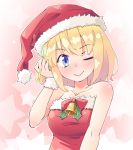  1girl alice_margatroid arnest bare_shoulders bell blonde_hair blue_eyes blush bow collarbone dress hand_in_hair hat leaf one_eye_closed pink_background pom_pom_(clothes) red_bow red_dress red_hat santa_costume santa_hat short_hair smile solo star starry_background strapless strapless_dress touhou upper_body 
