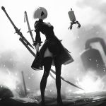  1girl android blindfold cleavage_cutout gloves greyscale ilya_kuvshinov monochrome nier_(series) nier_automata puffy_sleeves short_hair solo sword thigh-highs weapon yorha_unit_no._2_type_b 