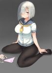  1girl aqua_nails blue_eyes bow bow_panties breasts brown_legwear buttons collarbone crotch_seam fingernails grey_background hair_ornament hair_over_one_eye hairclip hamakaze_(kantai_collection) hand_on_feet highres kantai_collection kei_(soundcross) large_breasts long_fingernails nail_polish neckerchief no_panties no_pants panties panties_removed pantyhose pink_panties pleated_skirt sailor_collar school_uniform serafuku shirt short_hair short_sleeves silver_hair simple_background sitting skirt solo underwear wariza white_shirt 