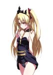 1girl arm_behind_back bangs bare_shoulders between_breasts black_dress black_panties blonde_hair breasts cape closed_eyes cowboy_shot detached_collar dress earrings ereshkigal_(fate/grand_order) eyebrows_visible_through_hair fate/grand_order fate_(series) hair_ribbon hair_twirling heart jewelry kaname_nagi light_particles long_hair microdress panties red_cape red_eyes red_ribbon ribbon skull small_breasts solo strapless strapless_dress tiara tohsaka_rin two_side_up underwear white_background 