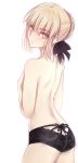 1girl ass back bare_back black_panties blonde_hair braid breasts butt_crack covering covering_breasts fate/stay_night fate_(series) female_ass flat_ass french_braid hair_bun hair_ribbon lace lace-trimmed_panties pale_skin panties revision ribbon saber saber_alter short_hair simple_background small_breasts solo surprised topless tusia underwear underwear_only white_background yellow_eyes