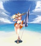  1girl absurdres animal_ears bare_shoulders bikini breasts fang fate/extra fate/grand_order fate_(series) fox_ears fox_tail hat highres kirisato_itsuki large_breasts navel pink_hair skindentation solo straw_hat swimsuit tail tamamo_(fate)_(all) tamamo_no_mae_(swimsuit_lancer)_(fate) umbrella 