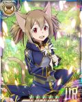  1girl animal_ears breastplate brown_hair card_(medium) cat_ears cat_tail flower hair_ribbon holding holding_flower looking_at_viewer open_mouth red_eyes red_ribbon ribbon short_hair silica silica_(sao-alo) solo star sword_art_online tail white_flower 