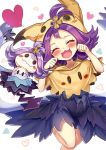  1girl :3 ^_^ acerola_(pokemon) acerola_(pokemon)_(cosplay) akabane_(zebrasmise) blush blush_stickers closed_eyes cosplay dress elite_four flipped_hair hair_ornament hairclip happy heart hood hoodie mimikyu mimikyu_(cosplay) paw_pose pokemon pokemon_(game) pokemon_sm purple_dress purple_hair short_hair short_sleeves skirt trial_captain wavy_mouth white_background 