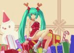  1girl antlers bare_shoulders bell bell_choker bell_collar boots choker christmas collar cross-laced_footwear gift green_eyes green_hair hatsune_miku high_heels highres jingle_bell lace-up_boots long_hair looking_at_viewer santa_costume sitting snowman solo twintails very_long_hair vocaloid white_boots 