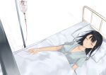  1girl bangs bed black_hair blanket breasts closed_eyes collarbone hospital_bed hospital_gown intravenous_drip large_breasts long_hair lying on_back original pillow rure smile solo translated white_background 