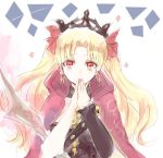  1girl belt blonde_hair cape covering_mouth crown earrings ereshkigal_(fate/grand_order) fate/grand_order fate_(series) hair_ribbon hands_together jewelry long_hair looking_at_viewer red_cape red_eyes red_ribbon ribbon single_sleeve skull solo tohsaka_rin toosaka_rin twintails upper_body white_background 