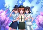  3girls absurdres air_force alternate_costume army black_necktie blue_shirt blue_skirt brown_eyes brown_hair character_name cherry_blossoms closed_mouth clouds cloudy_sky cowboy_shot crossover dai_toro day dress_shirt female_service_cap fubuki_(kantai_collection) garrison_cap girl_sandwich girls_und_panzer green_shirt hand_on_hip hat highres japan_air_self-defense_force japan_ground_self-defense_force japan_maritime_self-defense_force kantai_collection light_smile locked_arms looking_at_viewer military military_hat military_uniform miyafuji_yoshika multiple_girls name_tag navy necktie nishizumi_miho open_mouth outdoors pants pencil_skirt salute sandwiched shirt short_hair short_ponytail short_sleeves skirt sky smile standing strike_witches trait_connection translated tree uniform white_pants white_shirt wind world_witches_series 