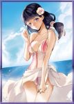  1girl black_hair breasts brown_eyes casual_one-piece_swimsuit cleavage collarbone flower hair_flower hair_ornament long_hair lowres medium_breasts mischlitt ocean one-piece_swimsuit outdoors senjou_no_valkyria senjou_no_valkyria_2 solo swimsuit white_flower 