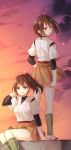  2girls :d arm_support brown_hair clouds from_behind hair_ribbon hand_behind_head hyuuga_(kantai_collection) ise_(kantai_collection) jpeg_artifacts kantai_collection kneehighs kneepits looking_back multiple_girls open_mouth ponytail ribbon ribbon-trimmed_sleeves ribbon_trim short_hair sitting skirt sky smile standing toosaka_asagi twilight 