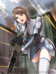  1girl brown_hair franca_martin green_eyes gun holding holding_gun holding_weapon military military_uniform open_mouth outdoors riffle senjou_no_valkyria senjou_no_valkyria_2 short_hair solo thigh-highs uniform watermark weapon white_legwear 