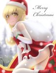  1girl bakemonogatari bare_shoulders blonde_hair blush_stickers boots bracelet christmas dress elbow_gloves gloves hat highres jewelry long_hair looking_at_viewer merry_christmas monogatari_(series) oshino_shinobu sack santa_costume santa_hat siraha smile snow snowing solo strapless strapless_dress thigh-highs white_legwear yellow_eyes 