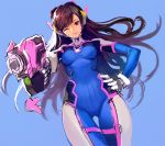  1girl ;) animal_print bangs blue_bodysuit bodysuit bracer breasts brown_eyes brown_hair bunny_print charm_(object) chkuyomi closed_mouth cowboy_shot d.va_(overwatch) facepaint facial_mark gloves gun hand_on_hip handgun headphones high_collar holding holding_gun holding_weapon long_sleeves medium_breasts one_eye_closed overwatch pauldrons pilot_suit pink_lips pointing pointing_at_viewer ribbed_bodysuit shoulder_pads simple_background skin_tight smile solo swept_bangs thigh_gap thigh_strap weapon whisker_markings white_gloves 