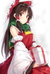  blush brown_eyes brown_hair christmas dress hakurei_reimu long_hair ribbon touhou 