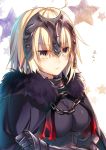  1girl ahoge blonde_hair breasts cape chains fate/grand_order fate_(series) furrowed_eyebrows gauntlets headpiece highres jeanne_alter medium_breasts ruler_(fate/apocrypha) solo toosaka_asagi yellow_eyes 
