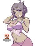  1girl artist_name bare_shoulders black_eyes black_hair bokuman bracelet breasts cleavage closed_mouth dark_skin diamond_(shape) earrings elite_four erect_nipples eyebrows_visible_through_hair gem groin jewelry large_breasts lychee_(pokemon) navel neck_ring necklace pink_lips pink_shirt pokemon pokemon_(game) pokemon_sm purple_shorts shirt short_hair shorts simple_background smile solo tank_top white_background 