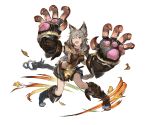  1girl animal_ears breasts claw_(weapon) claws fangs gloves granblue_fantasy grey_hair hair_between_eyes leaf looking_at_viewer official_art one_eye_closed open_mouth red_eyes sen_(granblue_fantasy) skirt smile solo weapon 