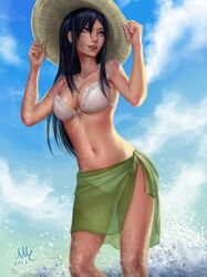  1girl 2016 :d armpits arms_up artist_name bare_arms bare_legs bare_shoulders bikini black_hair blue_sky breasts burn_scar cleavage clouds collarbone dark_skin day hair_between_eyes hat highres holding holding_hat ikezawa_hanako katawa_shoujo looking_to_the_side medium_breasts mirco_cabbia open_mouth red_lips sarong see-through signature sky smile solo splashing stamp straw_hat summer swimsuit violet_eyes water white_bikini 