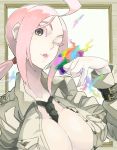  1girl breasts cleavage collarbone large_breasts looking_at_viewer military military_uniform necktie one_eye_closed open_mouth pink_hair ponytail short_hair sudeni_sokurou uniform 