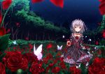  1girl butterfly collarbone flower forest gothic_lolita hairband hapymaher lolita_fashion lolita_hairband looking_at_viewer naitou_maia nature night night_sky pantyhose petals red_eyes rose short_hair silver_hair sky smile solo star_(sky) starry_sky striped striped_legwear tree ugume 