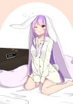  +++ 1girl ;o alternate_costume animal_ears blush bottomless breasts brown_eyes bunny_tail cleavage clock collarbone digital_clock drooling floppy_ears long_hair long_sleeves medium_breasts on_bed one_eye_closed pajamas purple_hair rabbit_ears reisen_udongein_inaba sidelocks sitting solo tail touhou v_arms very_long_hair waking_up wariza xialuluo_(sharuro) 