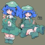  &gt;:o 1girl :o backpack bag bergehetzer blue_eyes blue_hair blush_stickers boots breasts cabbie_hat freckles hair_bobbles hair_ornament hat kawashiro_nitori key looking_at_viewer medium_breasts plump short_hair sitting skirt thick_eyebrows touhou two_side_up wide_hips 