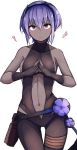  1girl assassin_(fate/prototype_fragments) bare_arms bare_shoulders blush breasts cleavage contrapposto dark_skin fate/grand_order fate/prototype fate/prototype:_fragments_of_blue_and_silver fate_(series) gloves gluteal_fold heart medium_breasts navel plan_(planhaplalan) purple_hair short_hair solo thigh_gap violet_eyes white_background 