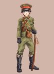  1boy belt black_eyes black_hair boots clenched_hand frown gloves hat highres imperial_japanese_army katana looking_at_viewer male_focus military military_uniform mozaiku_(ukiazom) original peaked_cap pouch sam_browne_belt sheath sheathed simple_background solo standing sword uniform weapon 