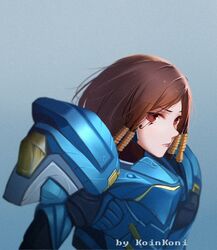  1girl blue_background brown_eyes brown_hair dark_skin eye_of_horus eyebrows_visible_through_hair facial_mark facial_tattoo gradient gradient_background hair_tubes overwatch pharah_(overwatch) portrait qingchen_(694757286) side_braids signature solo tattoo 