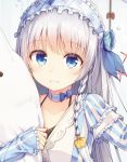 1girl bangs blue_bow blue_eyes blurry blush bow braid checkered close-up collar collarbone depth_of_field eyebrows_visible_through_hair frills hands_up headdress highres looking_at_viewer object_hug original parted_lips pillow silver_hair single_braid smile solo striped teeth tsuchikure_(3105mitoko) 
