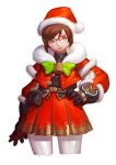  1girl alternate_costume bangs bell belt belt_pouch bow bowtie brown_eyes brown_hair capelet christmas closed_mouth cowboy_shot dress elbow_gloves fur-trimmed_gloves fur_gloves fur_trim glasses gloves green_bow green_bowtie hand_on_hip hat long_sleeves looking_at_viewer mei_(overwatch) nose overwatch pants pimo_(pinkmojitodiary) pink_lips pleated_skirt pom_pom_(clothes) red-framed_eyewear red_hat red_skirt santa_costume santa_hat short_hair sidelocks simple_background skirt skirt_set solo swept_bangs white_background white_pants 