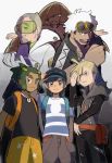  1girl 5boys adjusting_clothes adjusting_hat backpack bag bangs baseball_cap black_hair black_hat black_shirt blonde_hair capri_pants clenched_hand doshiko dress gladio_(pokemon) gloves gradient gradient_background green_eyes green_hair grey_eyes grey_hair guzuma_(pokemon) hand_in_pocket hand_on_own_face hat hau_(pokemon) hood hoodie looking_at_viewer lusamine_(pokemon) male_protagonist_(pokemon_sm) multicolored_hair multiple_boys outstretched_arms pants pokemon pokemon_(game) pokemon_sm sauboo_(pokemon) shaded_face shirt short_hair short_ponytail silver_hair simple_background sleeveless sleeveless_dress striped striped_shirt sunglasses sunglasses_on_head swept_bangs t-shirt two-tone_hair white_coat white_gloves 