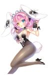  1girl animal_ears bare_shoulders black_shoes blue_eyes breasts brown_eyes bunny_tail choker cleavage heterochromia high_heels highres looking_at_viewer maid_headdress olivia_(soccer_spirits) open_mouth pantyhose pink_hair rabbit_ears ratise shoes soccer_spirits solo tail tray wrist_cuffs 