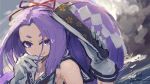  1girl 2016 bangs bow closed_fan dated fan faux_traditional_media folding_fan gloves hair_bow hair_ornament hand_to_own_mouth hatsuharu_(kantai_collection) highlights holding_fan kantai_collection lansane long_hair looking_at_viewer multicolored_hair parted_bangs ponytail purple_hair shirt sleeveless sleeveless_shirt smile solo upper_body violet_eyes 
