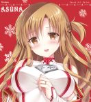 1girl asuna_(sao) brown_eyes brown_hair character_name close-up jewelry long_hair looking_at_viewer open_mouth ring snowflakes sousouman sword_art_online wedding_ring 