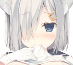  1girl animal_ears blue_eyes blush cat_ears commentary_request face gloves hair_ornament hair_over_one_eye hairclip hamakaze_(kantai_collection) heart heart-shaped_pupils highres kantai_collection looking_at_viewer miko_92 mouth_hold shirt_in_mouth shirt_lift silver_hair solo symbol-shaped_pupils white_background 