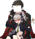  1boy 1girl black_gloves black_hair blurry blush drill_hair earphones eyebrows eyebrows_visible_through_hair girls_frontline gloves green_necktie grey_hair hair_ornament hair_ribbon hand_on_another&#039;s_stomach headphones jacket knee_pads necktie nose_blush open_mouth paper pp-90_(girls_frontline) red_eyes ribbon short_hair sitting sitting_on_person strap sweat twintails x_hair_ornament xiu_jiayihuizi 