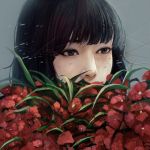  1girl black_eyes black_hair commentary_request face flower_request lips looking_at_viewer nose original plant realistic red_flower solo wataboku 