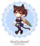  1girl :&lt; animal_ears blush brown_hair cat_ears cat_tail chibi circle_name dated flight_deck hakama_skirt japanese_clothes kaga_(kantai_collection) kantai_collection muneate sandals side_ponytail solo tail tasuki thigh-highs toosaka_asagi 