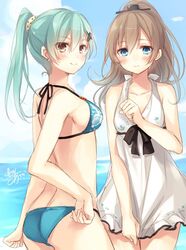  2girls 3: alternate_hairstyle aqua_bikini aqua_eyes aqua_hair artist_name ass bikini blush breasts brown_eyes brown_hair clouds covering covering_crotch cowboy_shot day dress dress_tug from_side hair_ornament hair_scrunchie hairclip hand_on_hip jpeg_artifacts kantai_collection kumano_(kantai_collection) long_hair looking_at_viewer looking_back multiple_girls outdoors polka_dot polka_dot_scrunchie ponytail scrunchie sideboob signature sky smile sundress suzuya_(kantai_collection) swimsuit toosaka_asagi 