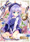  1girl beret blue_eyes blue_hat blue_skirt bow cat cover cover_page covering covering_crotch doujin_cover flower gochuumon_wa_usagi_desu_ka? hat kafuu_chino kneehighs kneeling long_hair looking_at_viewer mikeou pocket_watch purple_hair rating sitting skirt solo striped striped_bow wariza watch white_legwear 