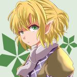  1girl :&lt; blonde_hair frown green_eyes grey_background half_updo looking_at_viewer mizuhashi_parsee pointy_ears scarf short_hair short_ponytail short_sleeves simple_background solo touhou upper_body yasui_nori 