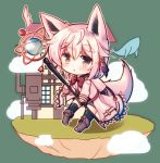  1girl :o animal_ears bangs blush boots bow bowtie brown_eyes chibi clouds coat fantasy floating_island flying_whale fox_ears fox_girl fox_tail hair_between_eyes holding holding_staff house looking_at_viewer lowres misaki_yuu_(dstyle) original parted_lips red_bow red_bowtie short_hair silver_hair solo staff tail thick_eyebrows thigh-highs white_coat 